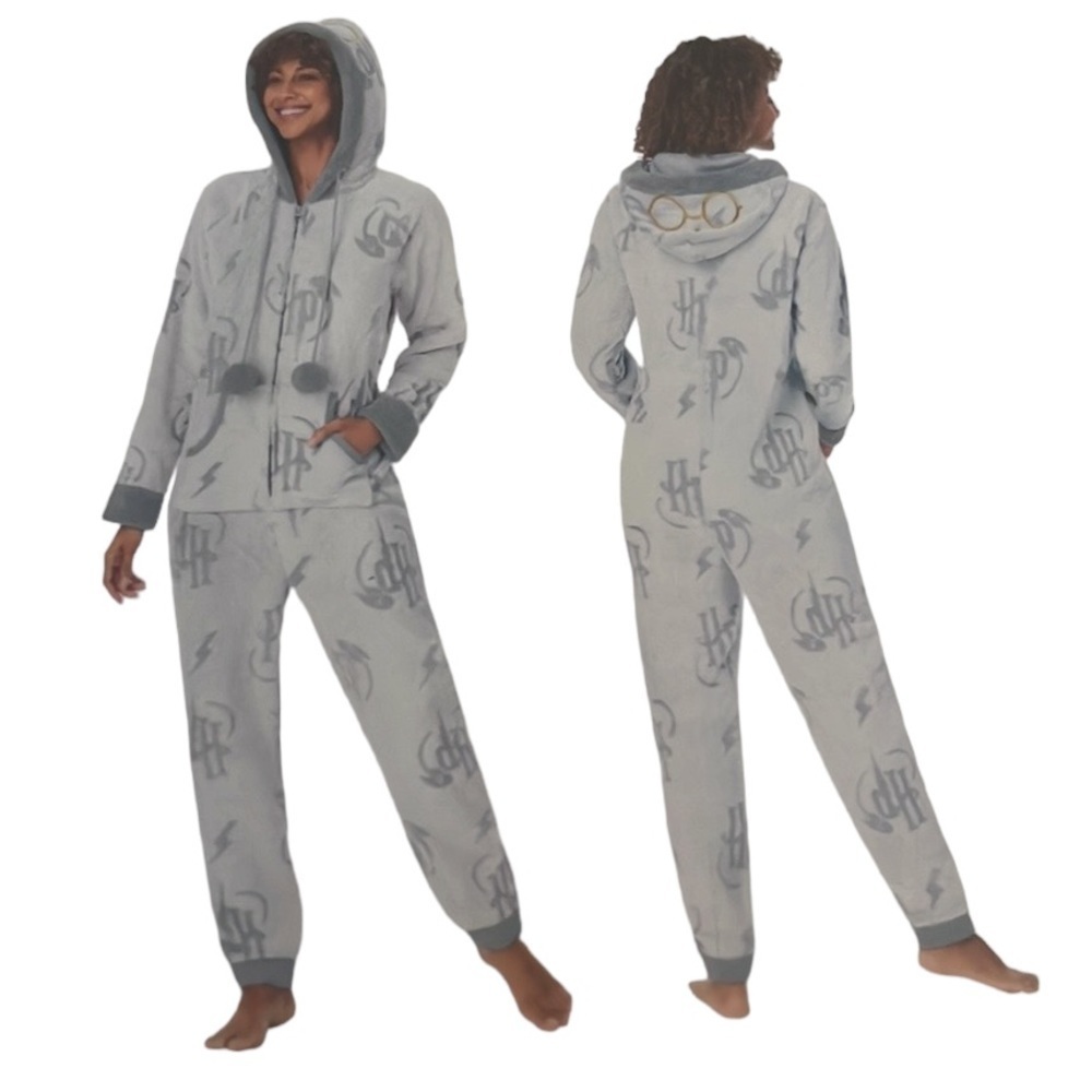 Harry‎ Potter Women's L = 12-14  Gray One Piece Hooded Faux Fur Pajamas NWT